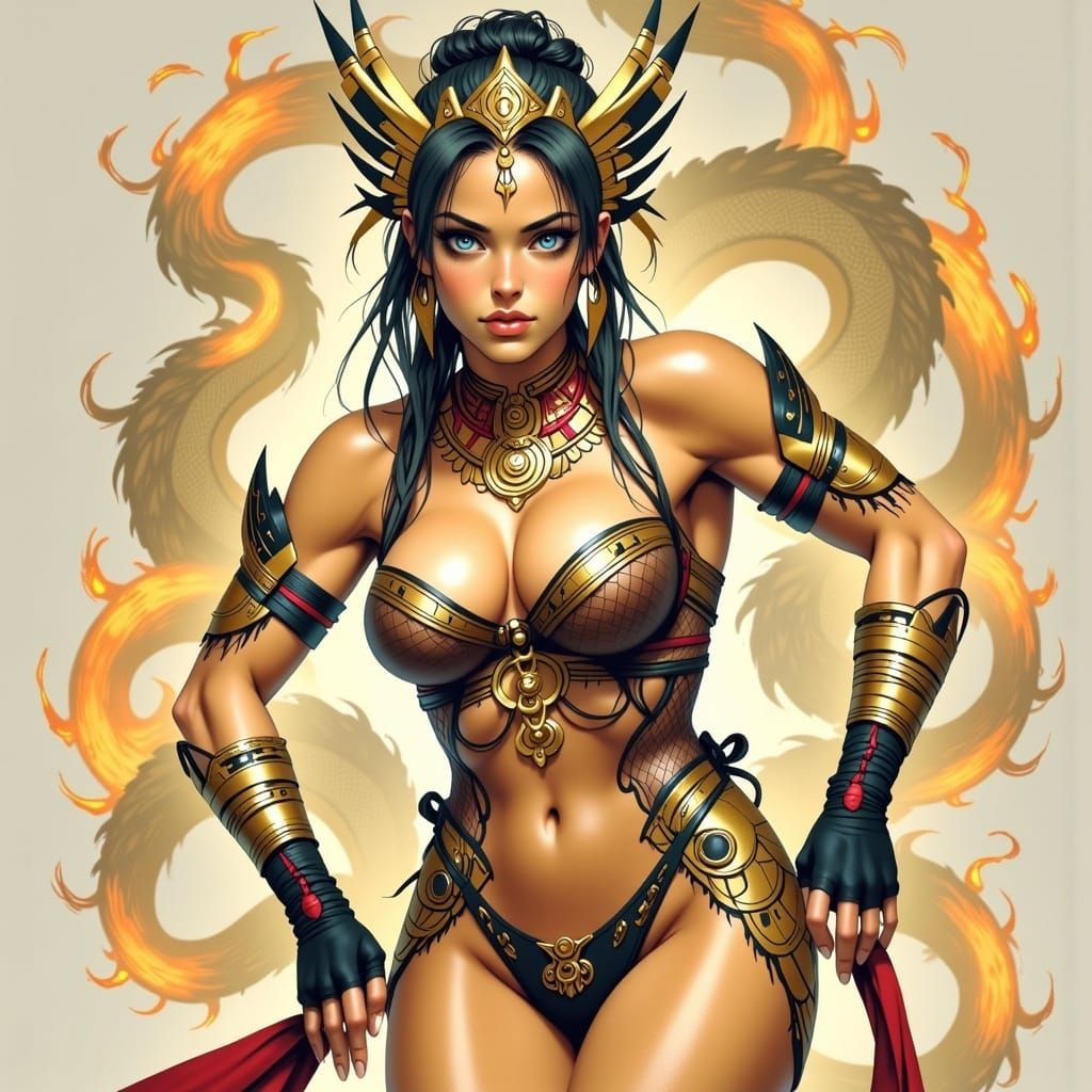 Chinese Superheroine Wields Dragon Spear, Fantasy Art