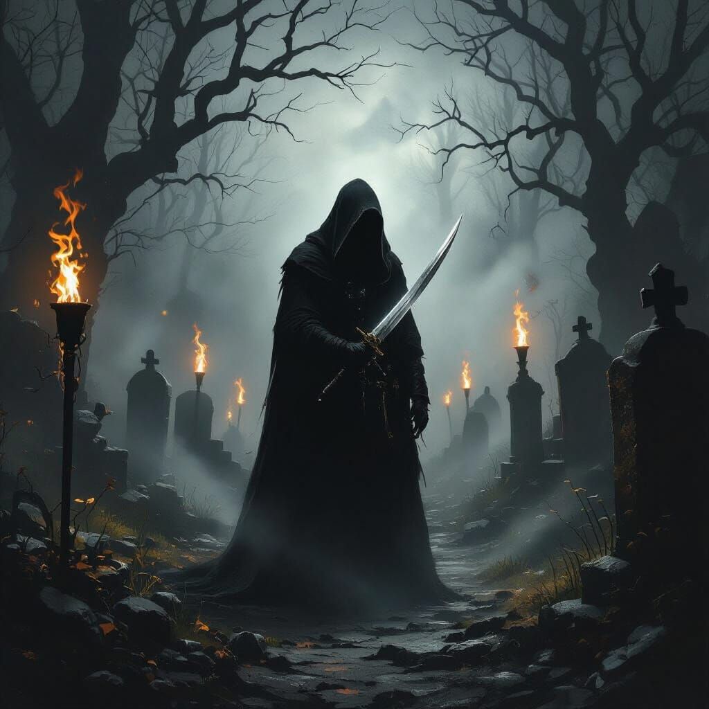 Hooded Figure in Misty Graveyard, Dramatic Chiaroscuro Style