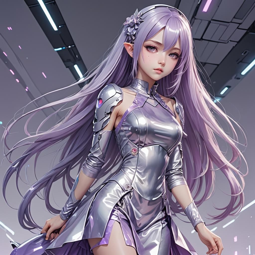 Futuristic Anime Girl in Silver Dress