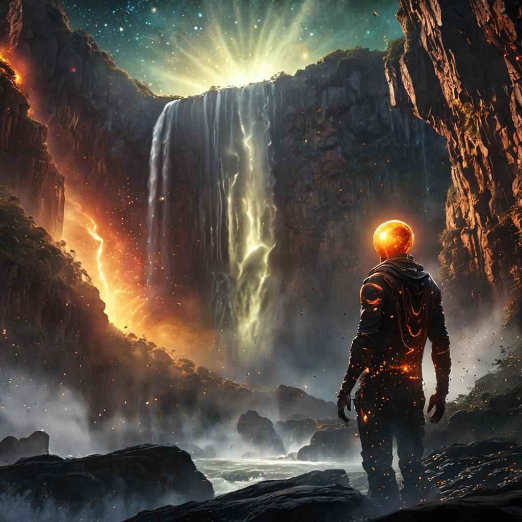 Cosmic Silhouette with Nova in Fantasy Landscape