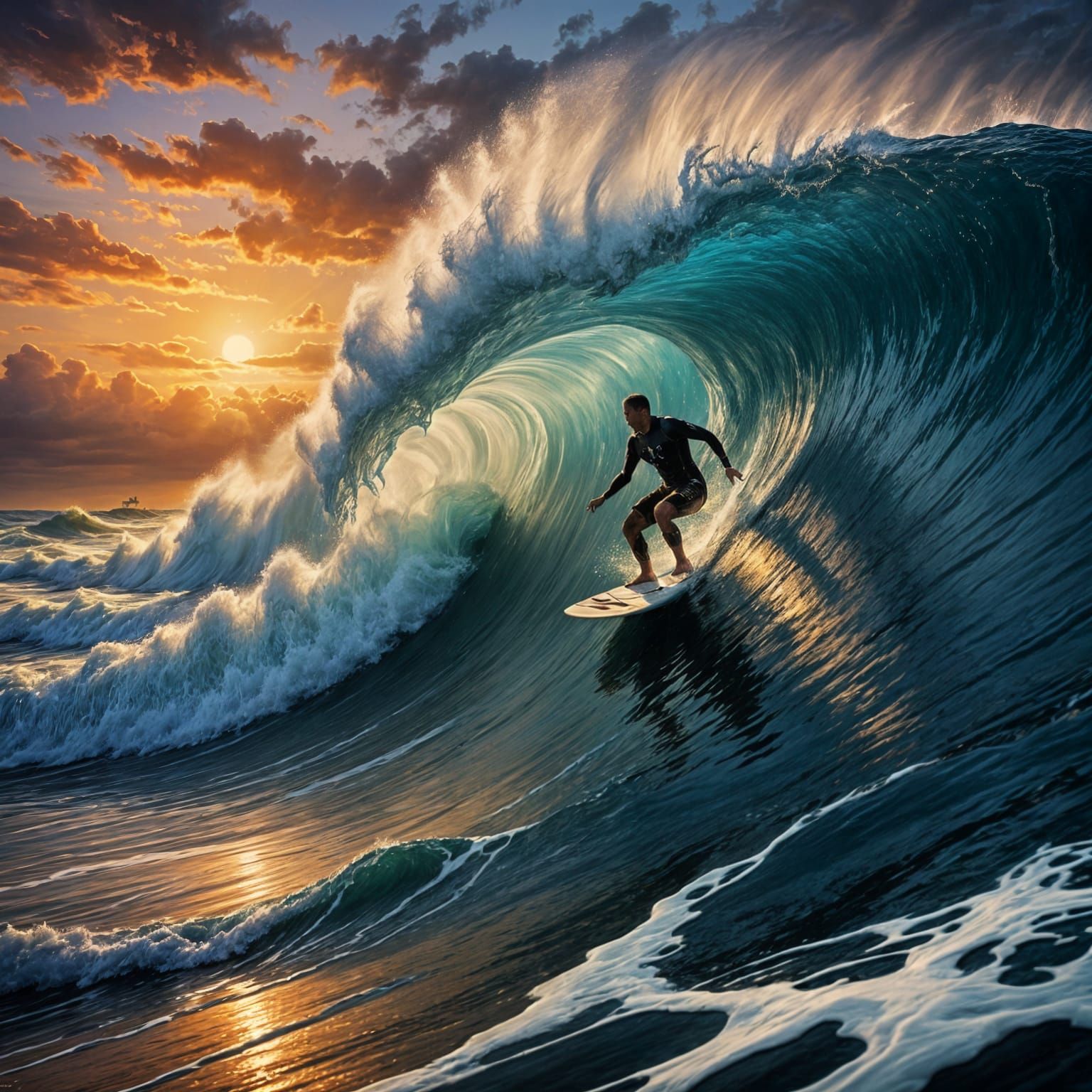 Surfer Rides a Wave of Colorful Sunset Fury