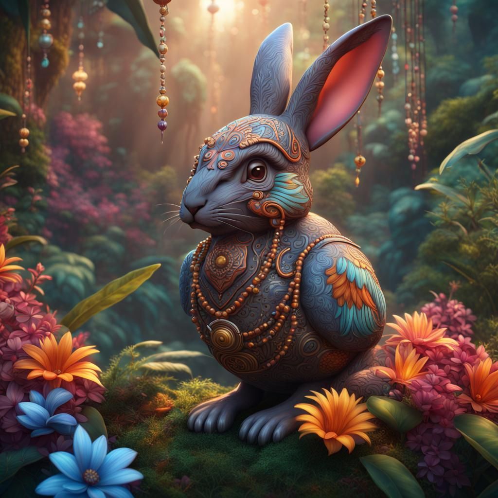 Tribal Bunny Love Bird in Jungle Art