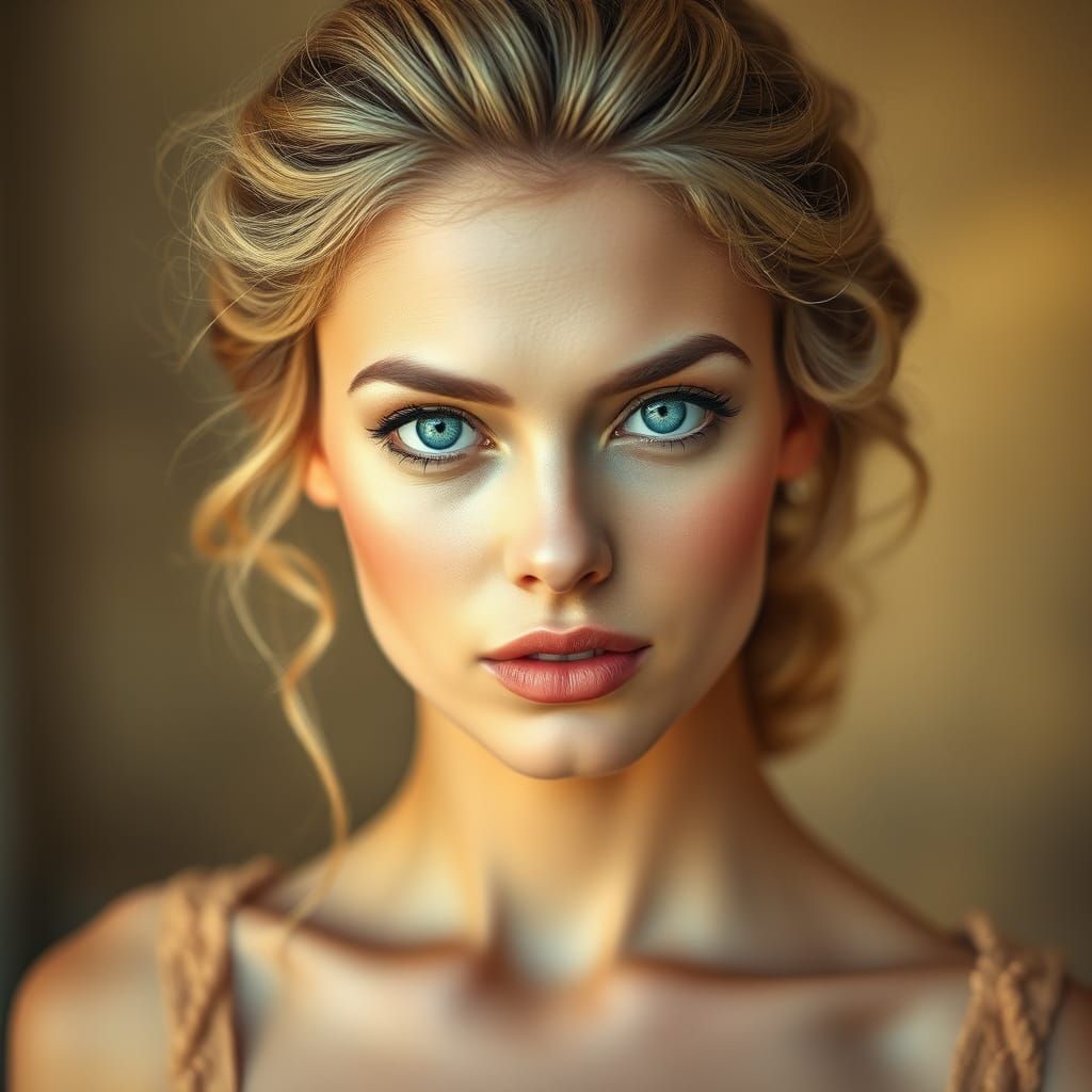 A stunning hyperrealistic photographic style portrait of Belleza Extraordinaria by Antonio López. The subject is a capti...