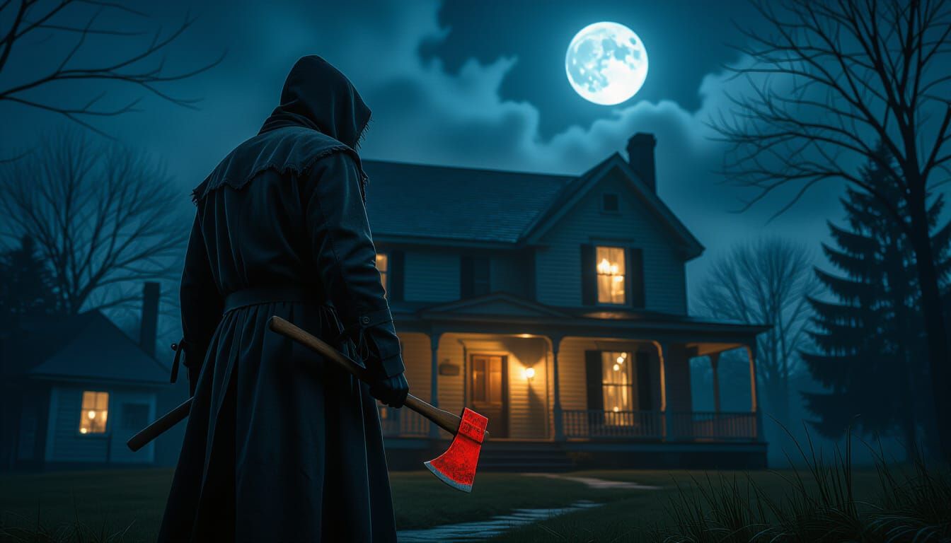 Mysterious Man With Red Axe Outside 1900s House At Night