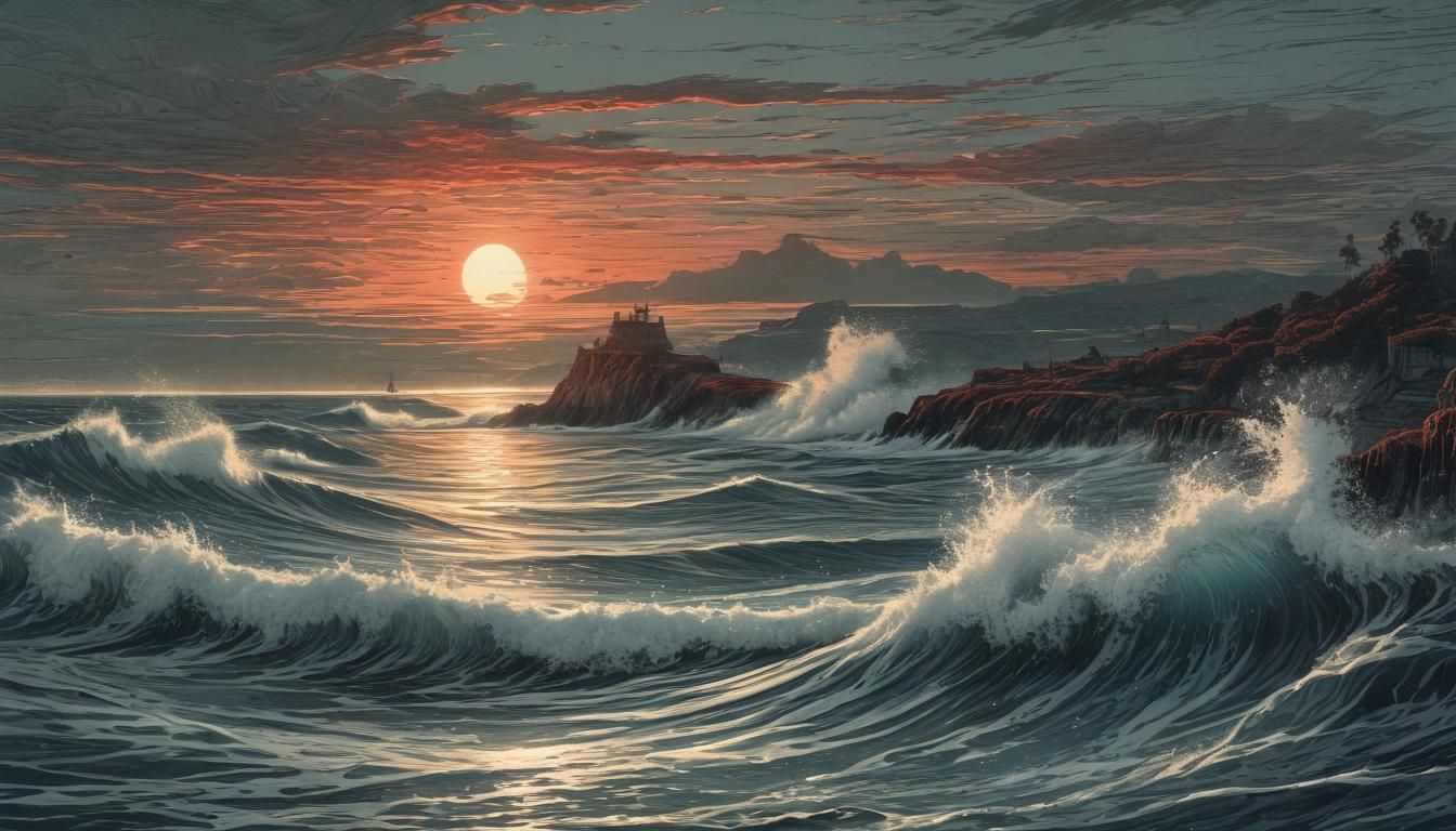 Elegant Beach Sunset Engraving in Greco-Roman Style