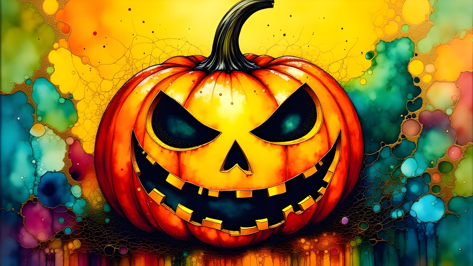 Vibrant Alcohol Ink Pumpkin with Cobwebs