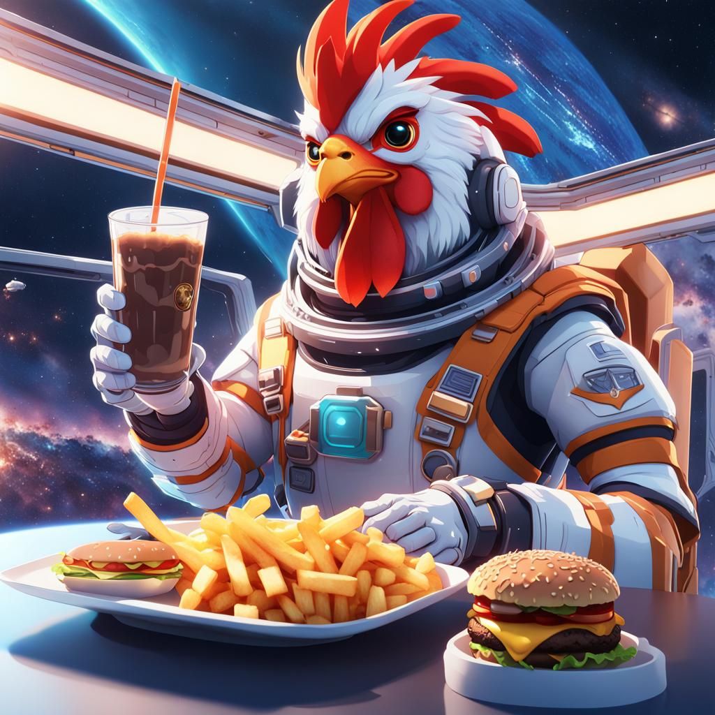 Anime Rooster in Space with Fast Food