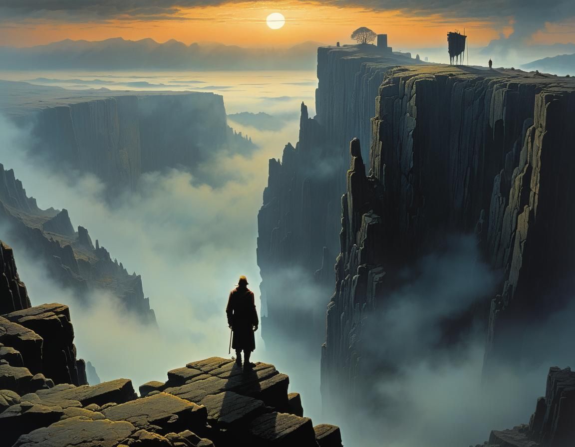 Mysterious Explorer on Cliff Above Basalt Lake in Morning Mi...