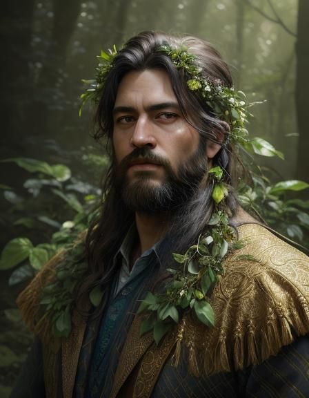 Floral Man in Dark Forest, Hyperrealistic Portrait