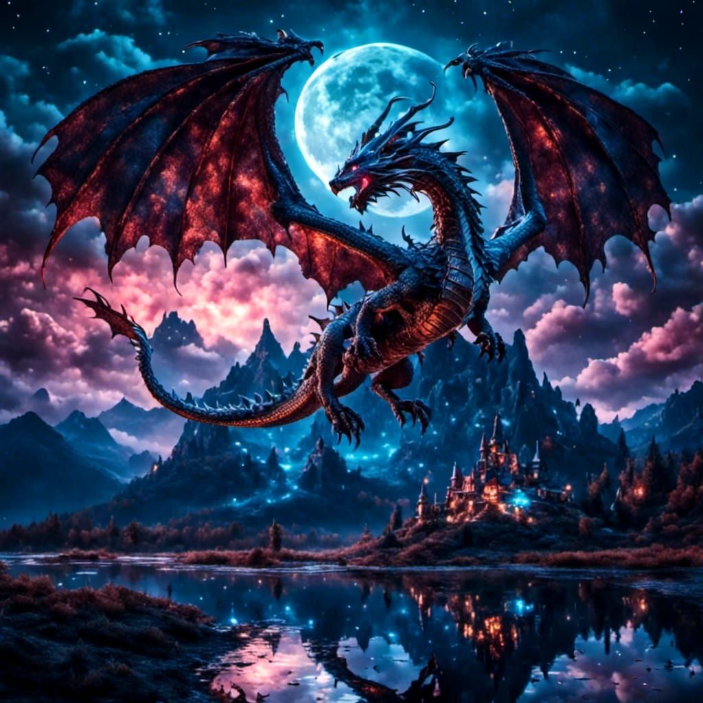 Dragon in Moonlit Sky with Water Reflection