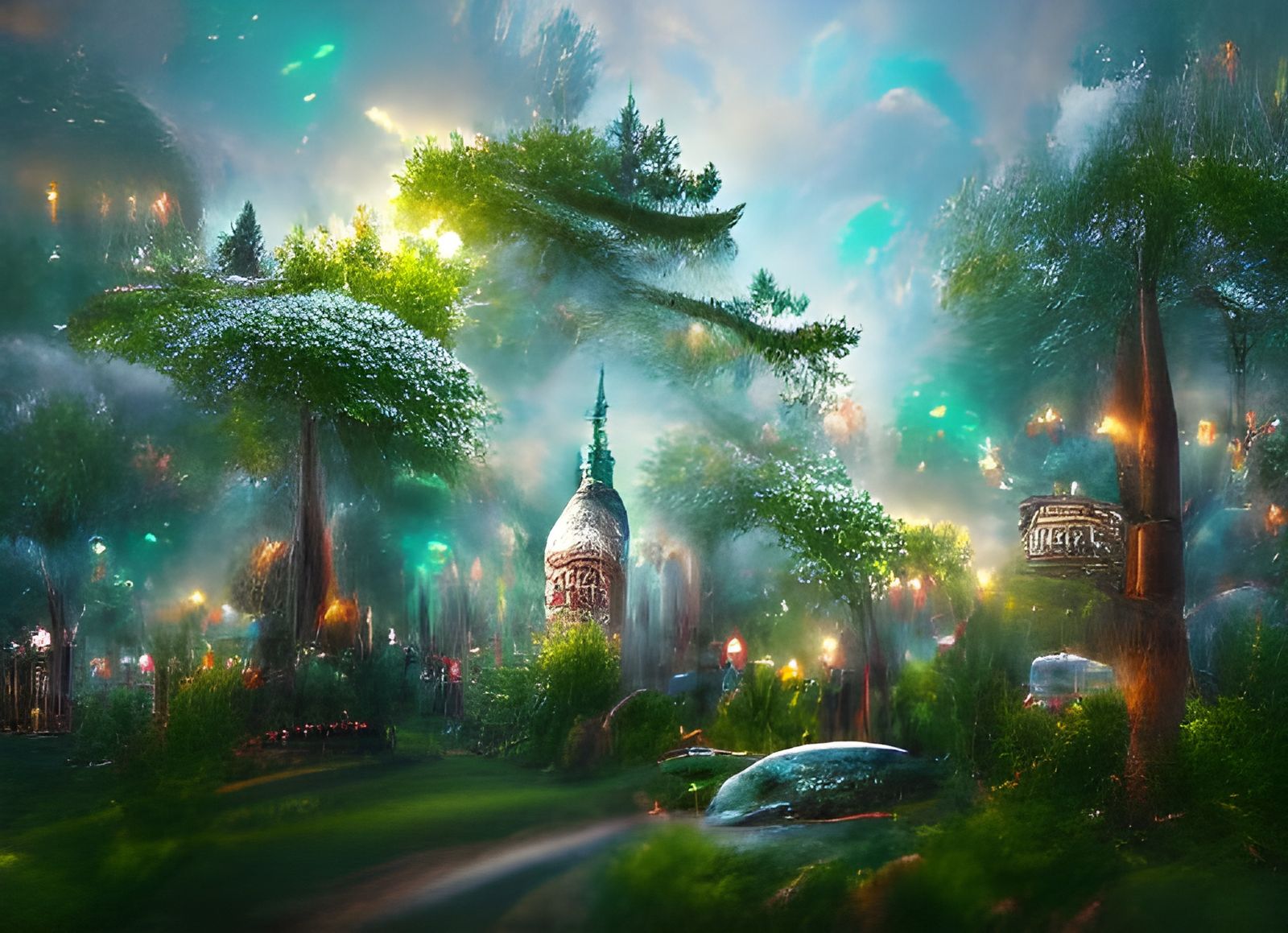 Enchanted Forest Cityscape with Volumetric Lighting