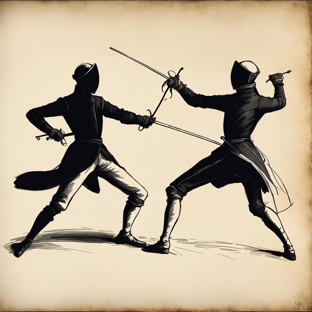 Fencing Rapier Duel in Black and White Silhouette
