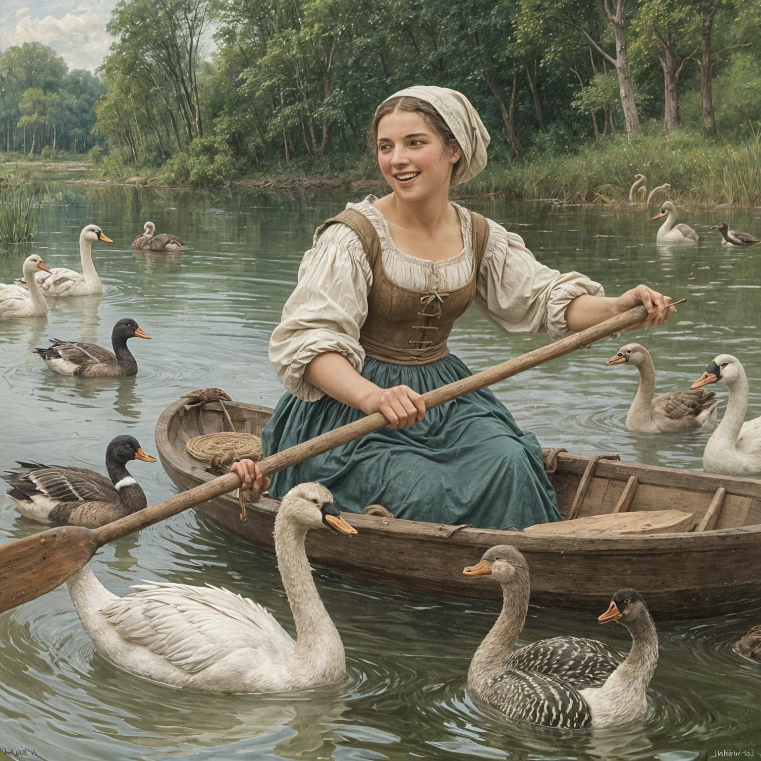 Mediaeval Woman Rowing Boat Amidst Swans, Oil Painting