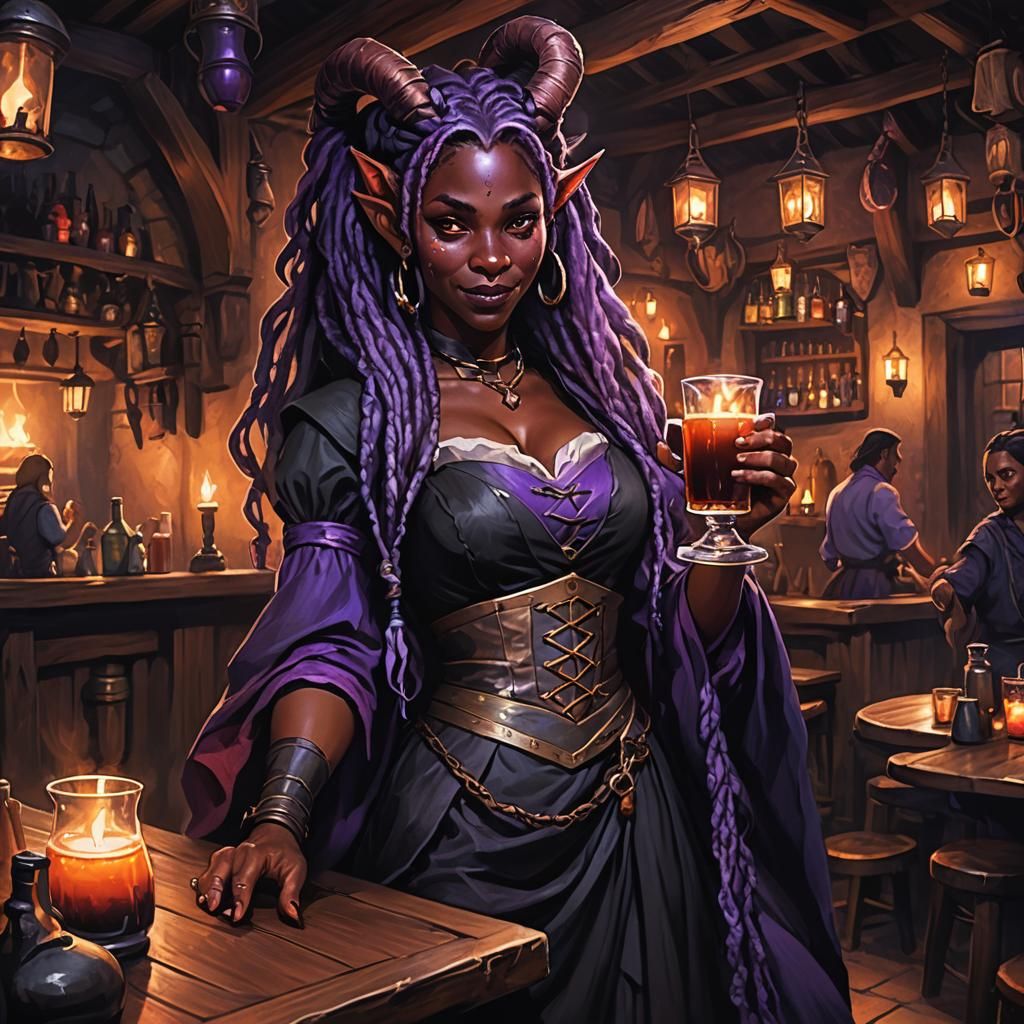 Tiefling Barmaid in Dim Tavern: Oil Painting Style