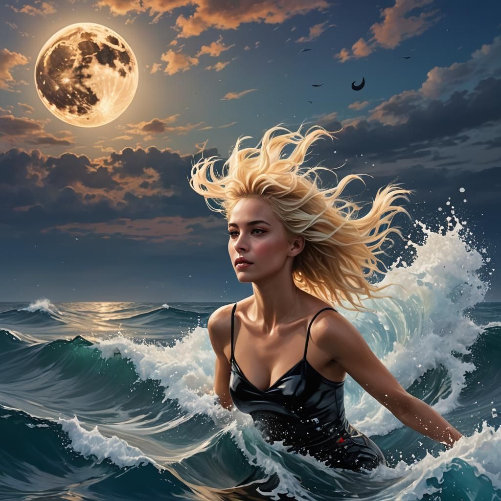 Surreal Woman Swimming in Ocean with Moon
