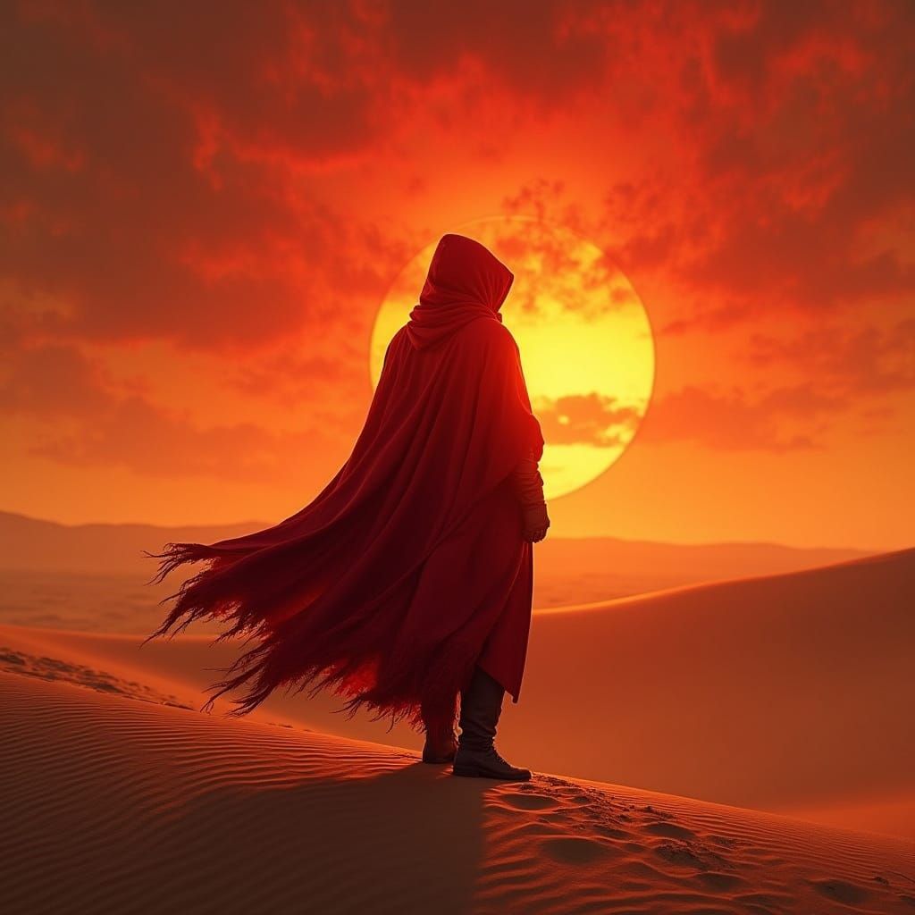 Crimson Cloaked Figure Against Fiery Desert Sunset