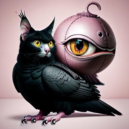 Surreal Pink Cockatoo Inside Black Cat Mouth