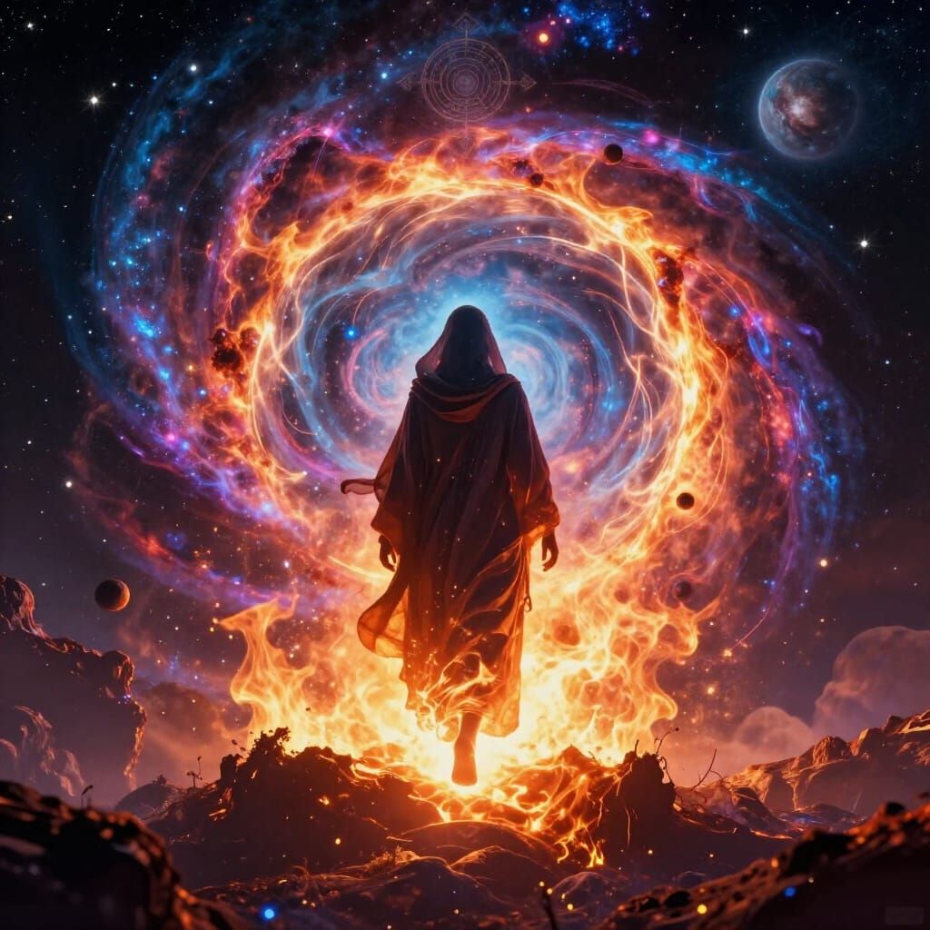 Figure Steps Through Milky Way Portal Into Cosmic Inferno