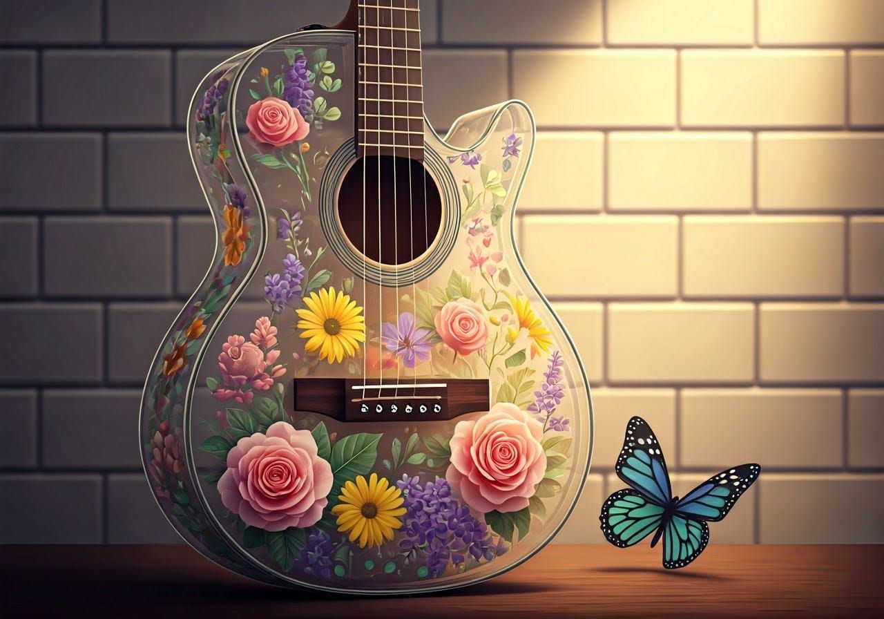 Whimsical Floral Guitar in Dreamlike Ambiance