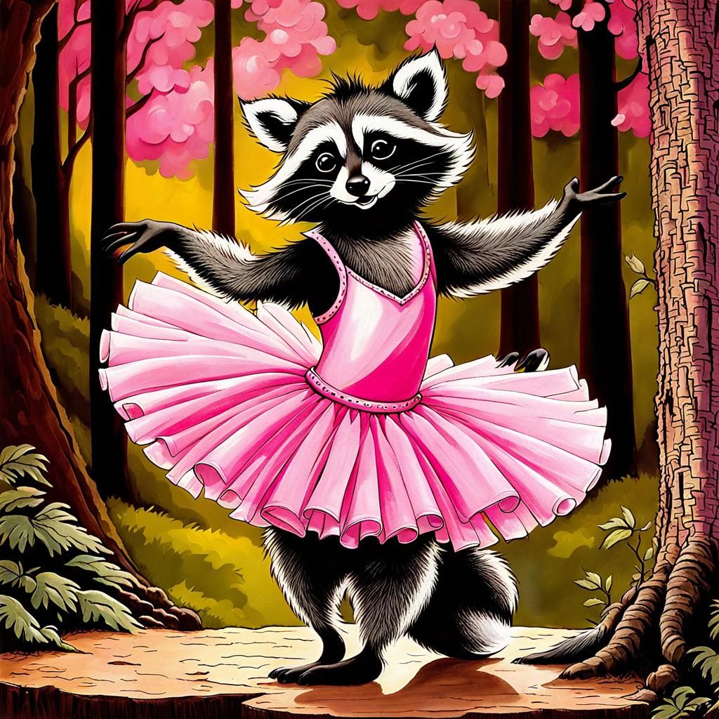 Raccoon Ballerina in Enchanted Forest, Fantasy Art