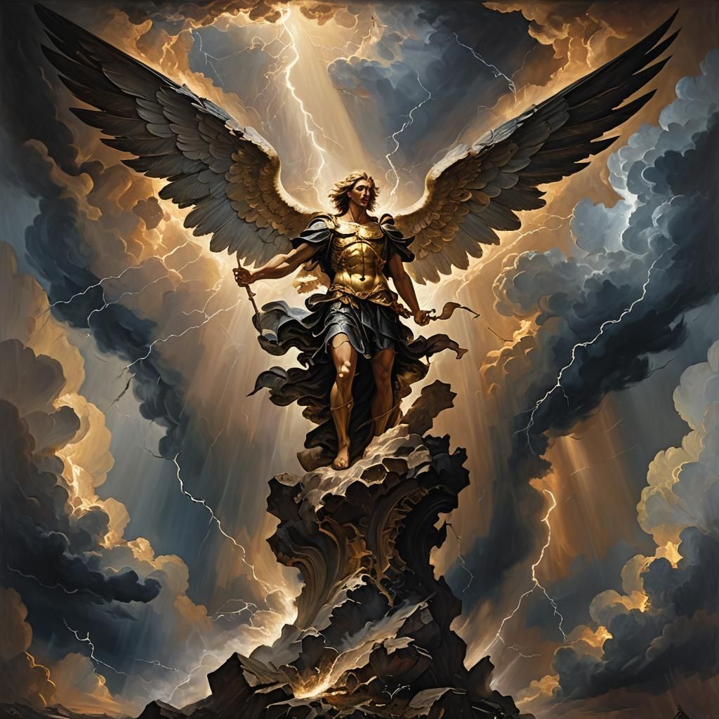 Michael the Archangel's Descent: A Baroque Oil Painting