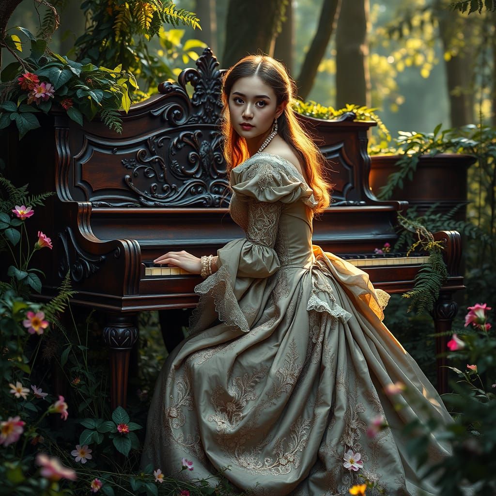 Woman at Piano in Overgrown Forest, Renaissance Style