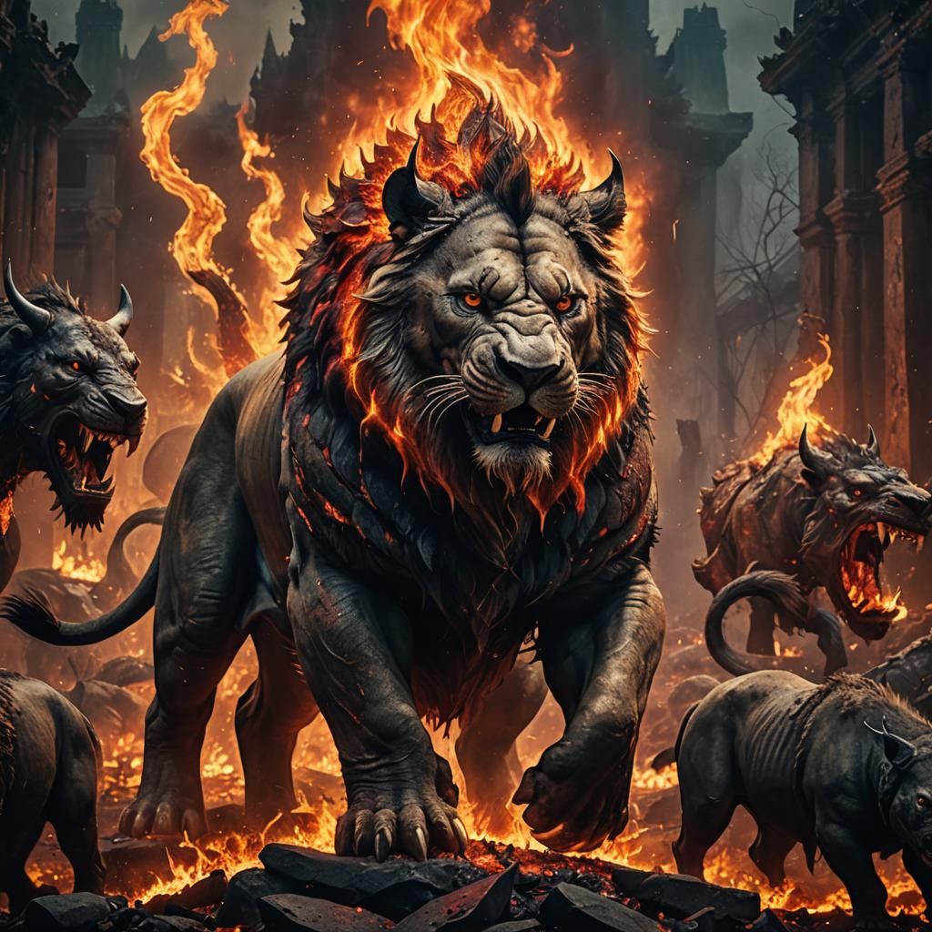 Lion Rhino Hybrid in Hellish Landscape, Cinema 4D Render