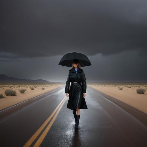 Woman Walking Desert Path in Rain, Cinematic Photography