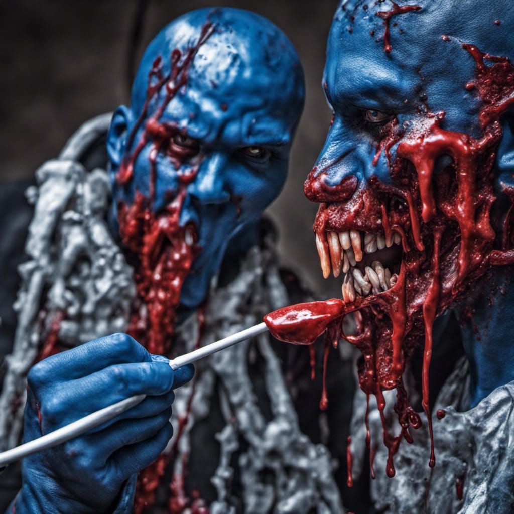 Zombie Blue Man Group having friends over for dinner