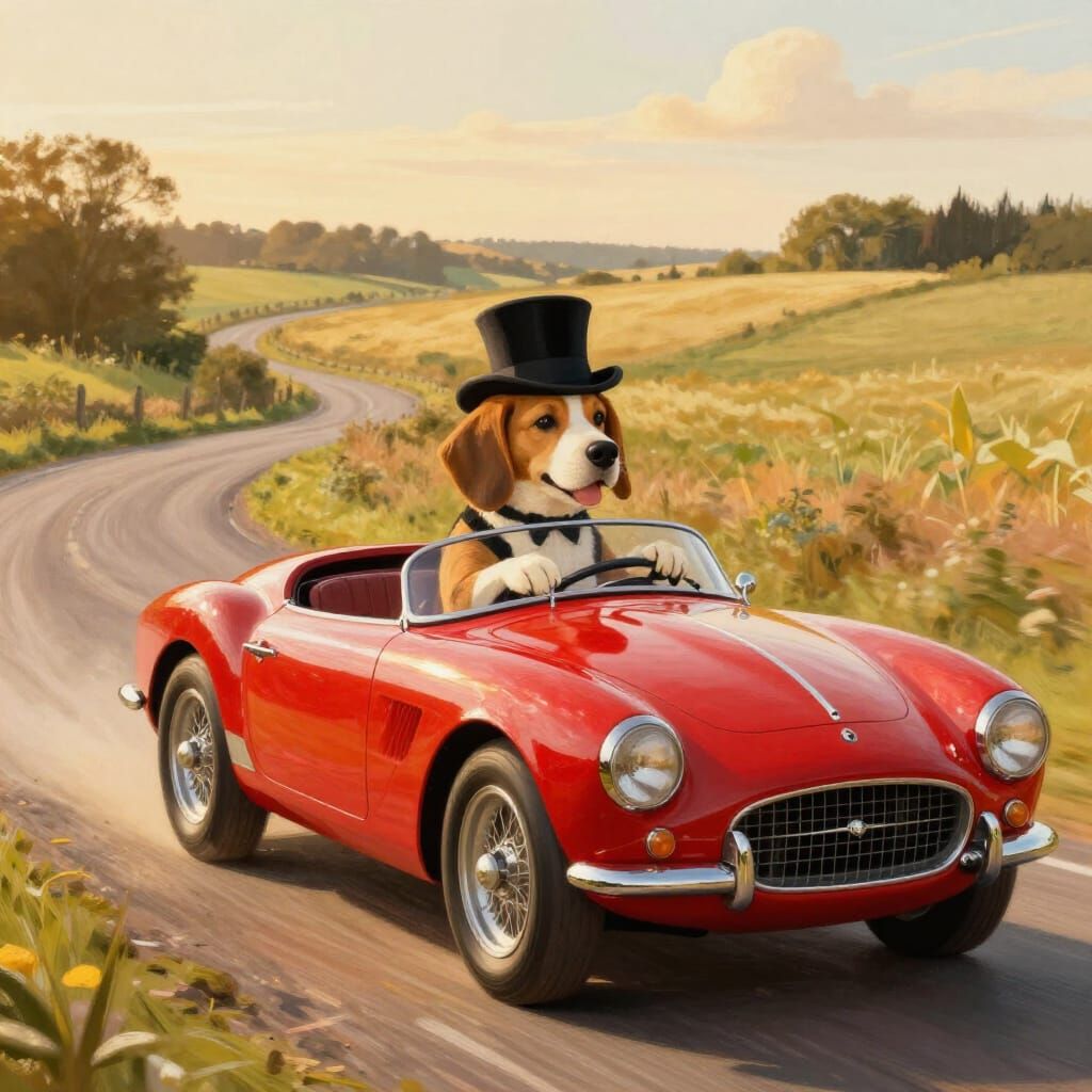 Beagle Drives Vintage Car Through Countryside at Golden Hour