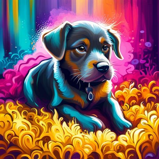 puppy with purple teal yellow midnight blue red white detailed flowers graffiti art, splash art, street art, spray paint...