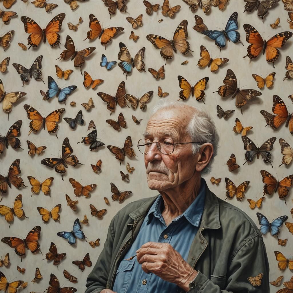 Photorealistic Old Man Surrounded by Butterflies