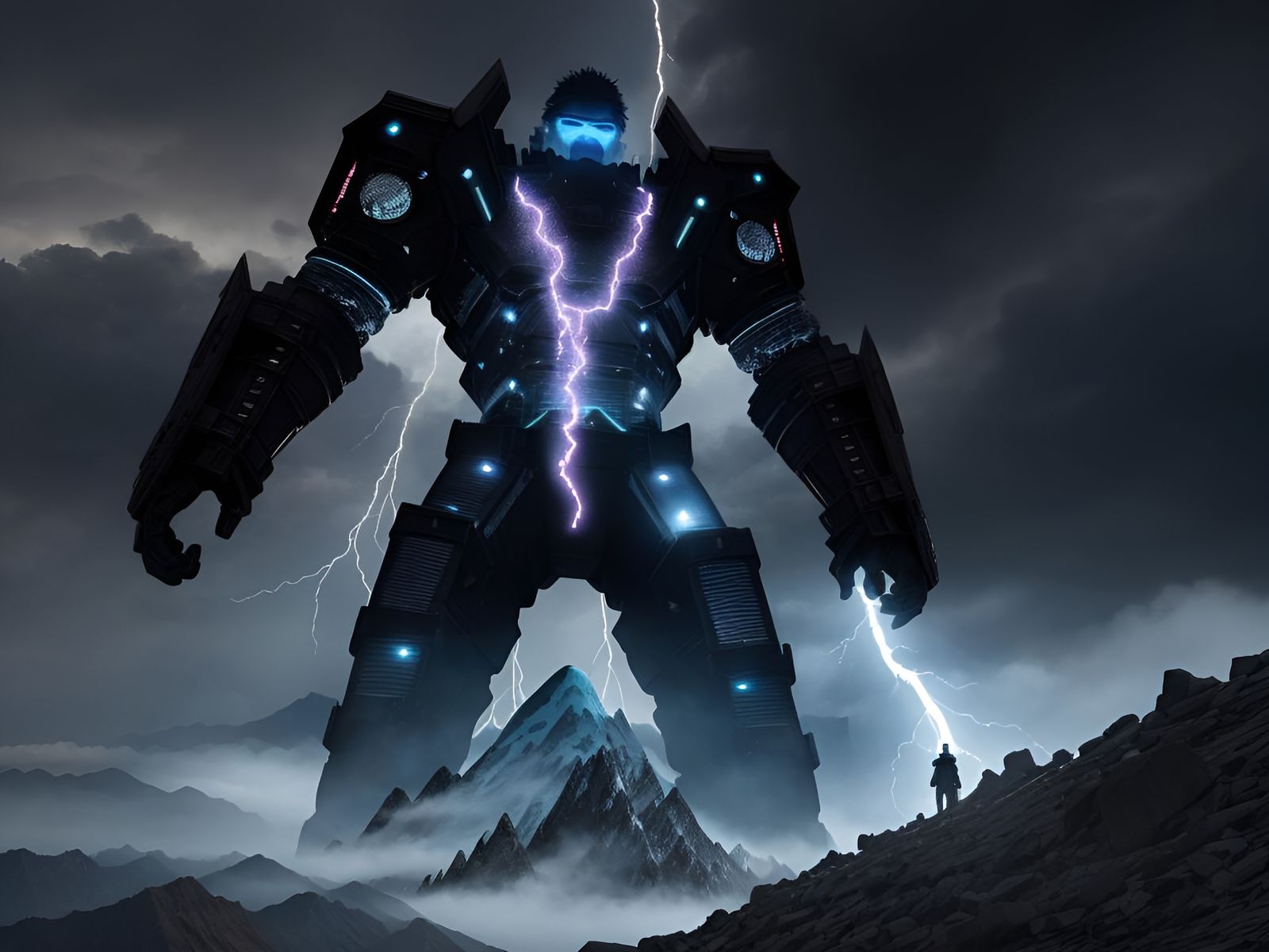 Giant Colossus Amidst Lightning and Thunder