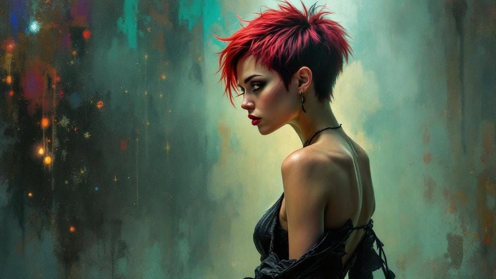 Edgy Punk Rocker in Alphonse Mucha Tonalist Style