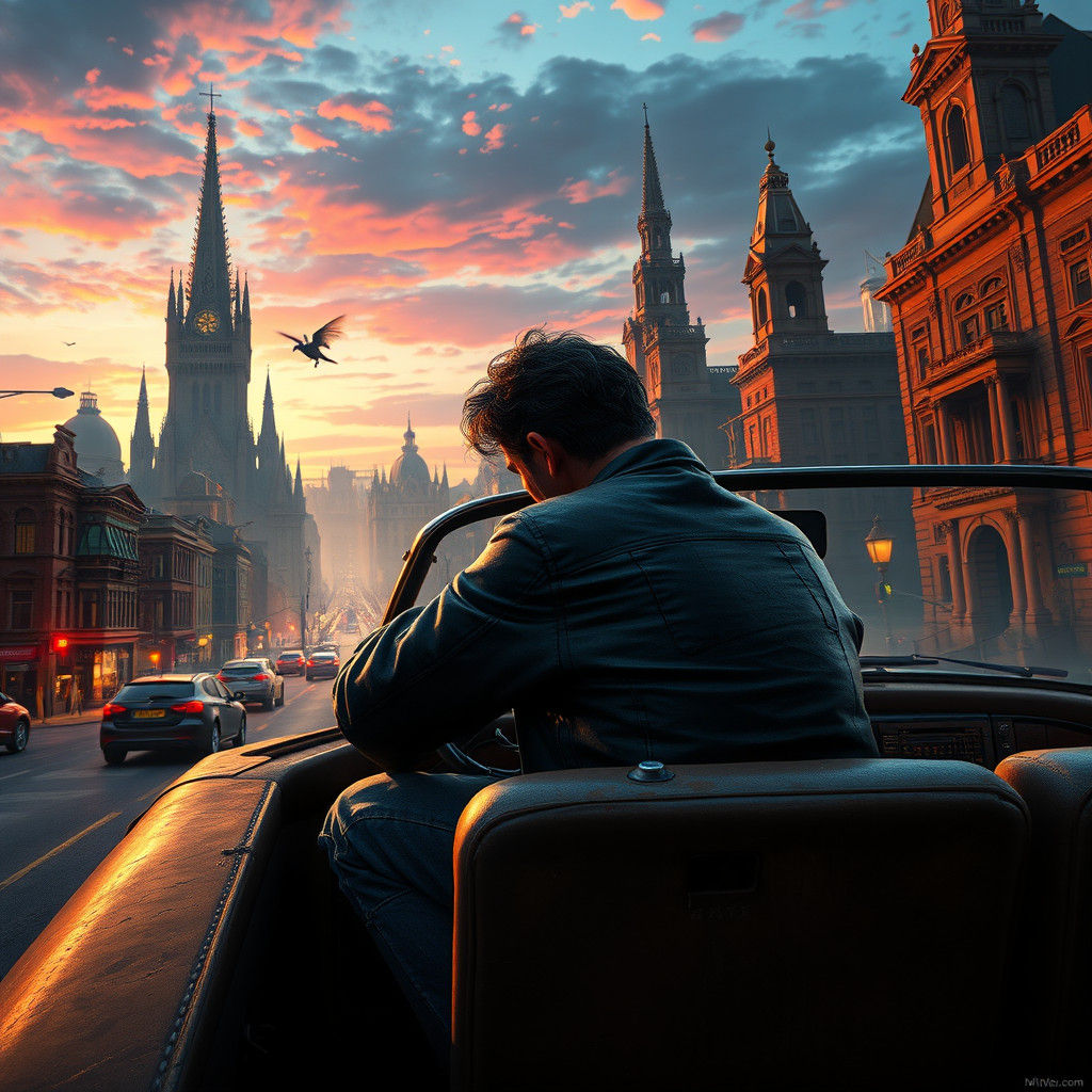Dreamlike Cityscape: A Lone Taxidriver in Fantasy Concept Ar...