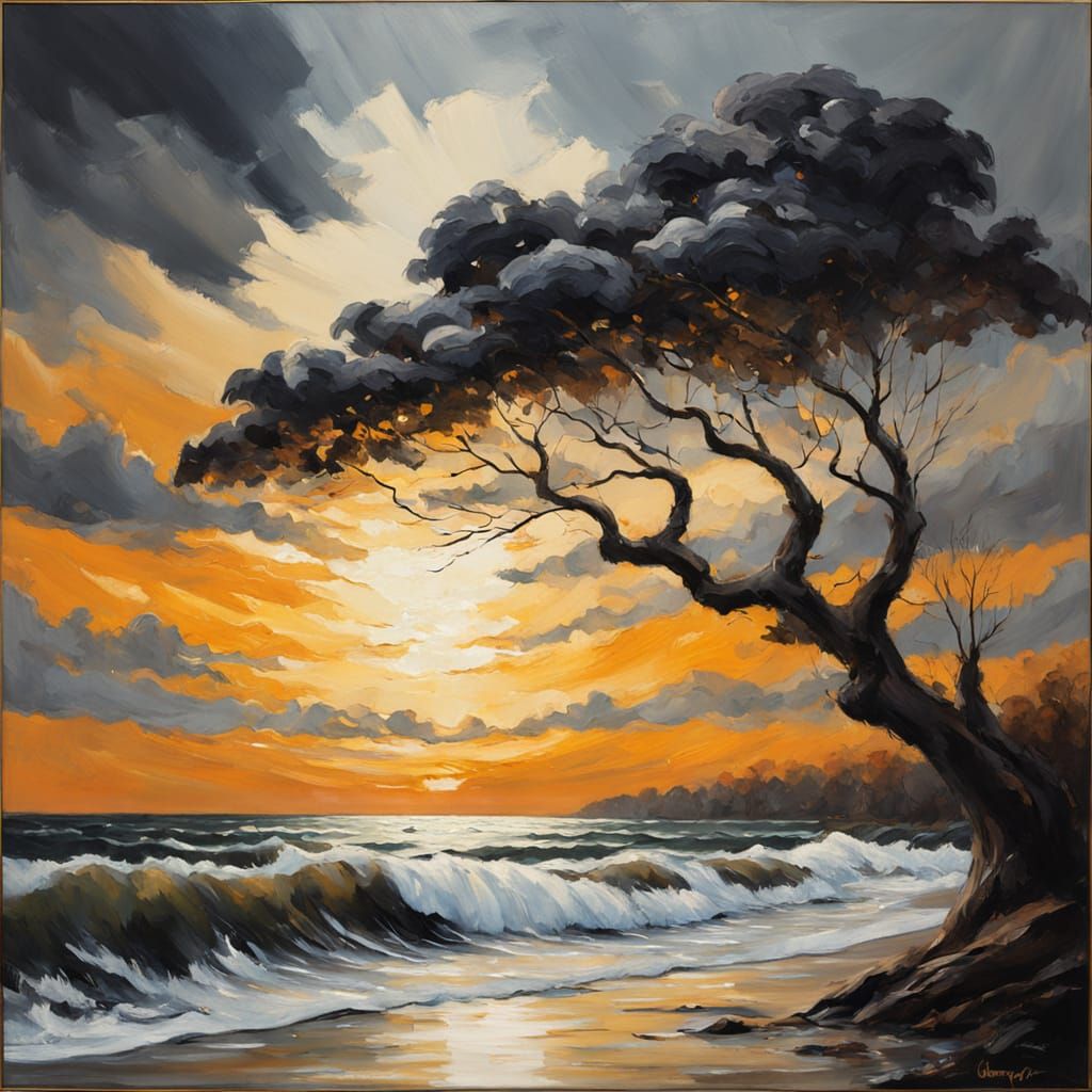 Silhouetted Trees Bending Over Sea, Oil Painting