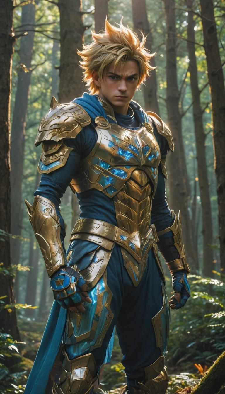 Heroic Warrior in Mystical Forest, Vibrant Anime Style