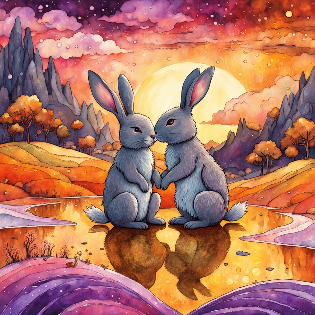 Two Bunnies on Blanket in Expressionist Style