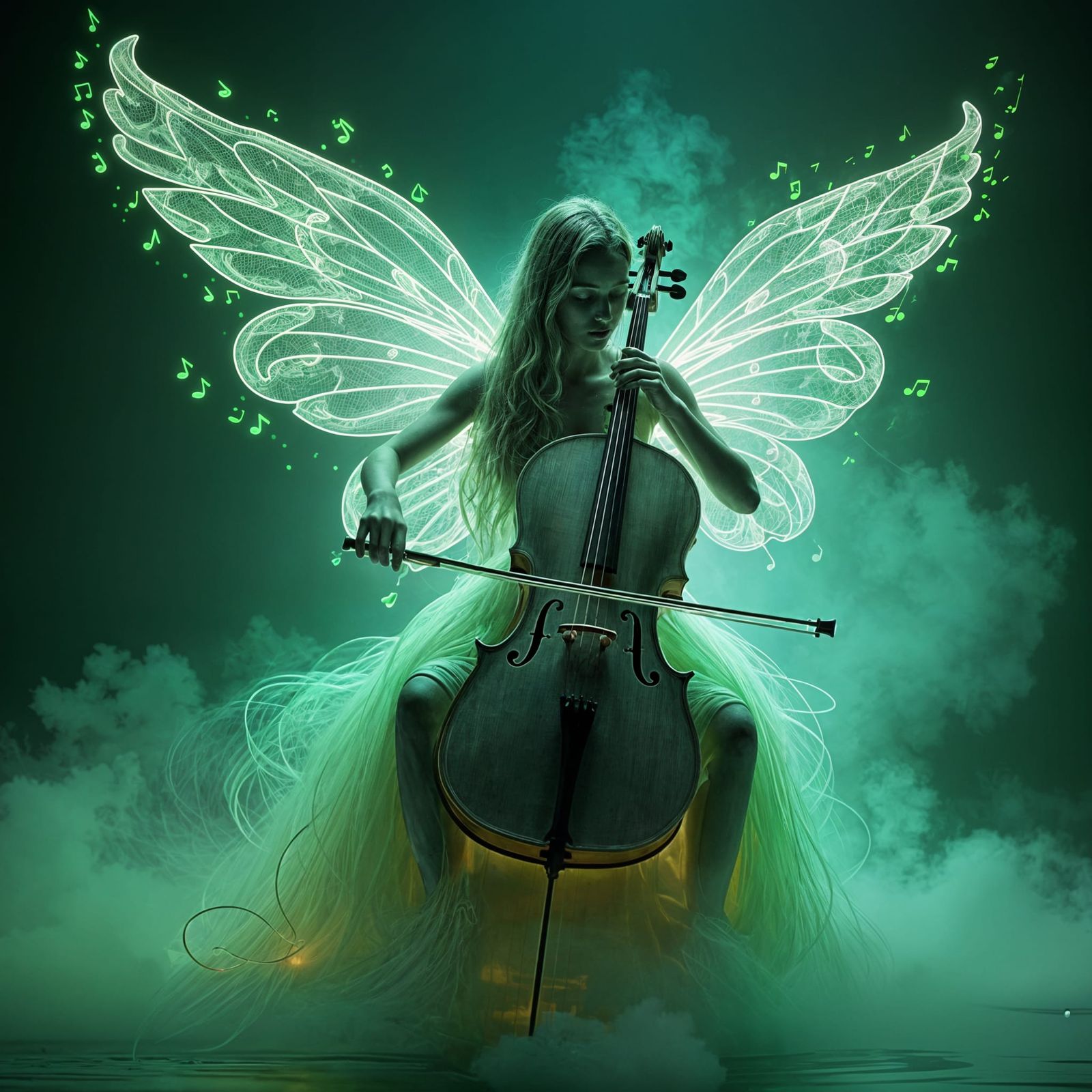 Neon Green Mythical Music Notes Play Cello