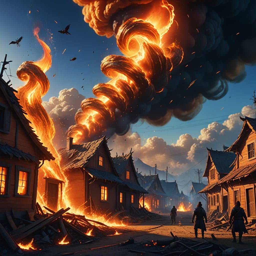 Fire Tornado Destroys Village in Epic Fantasy Art