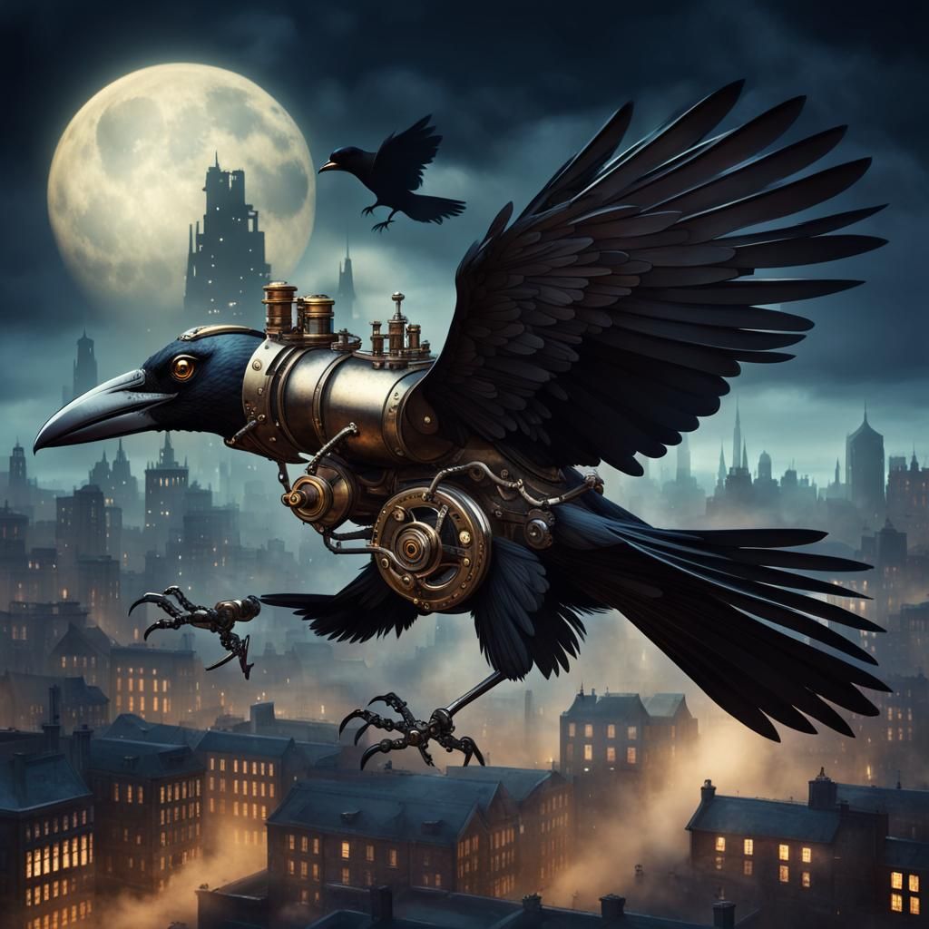 Steampunk Crow's Night Flight Above City