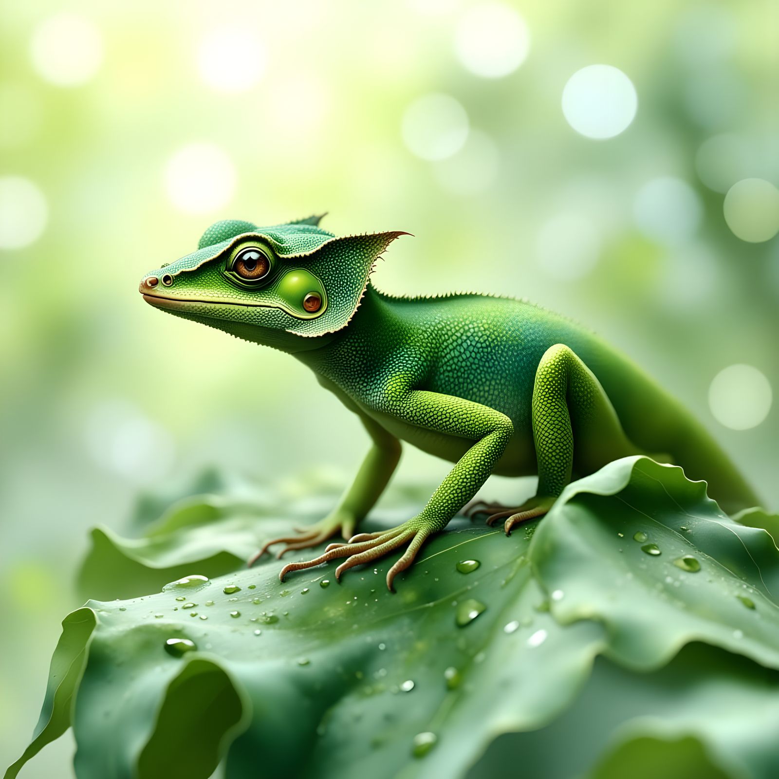 Vibrant Green Gecko on Monstera Leaf Botanical Illustration