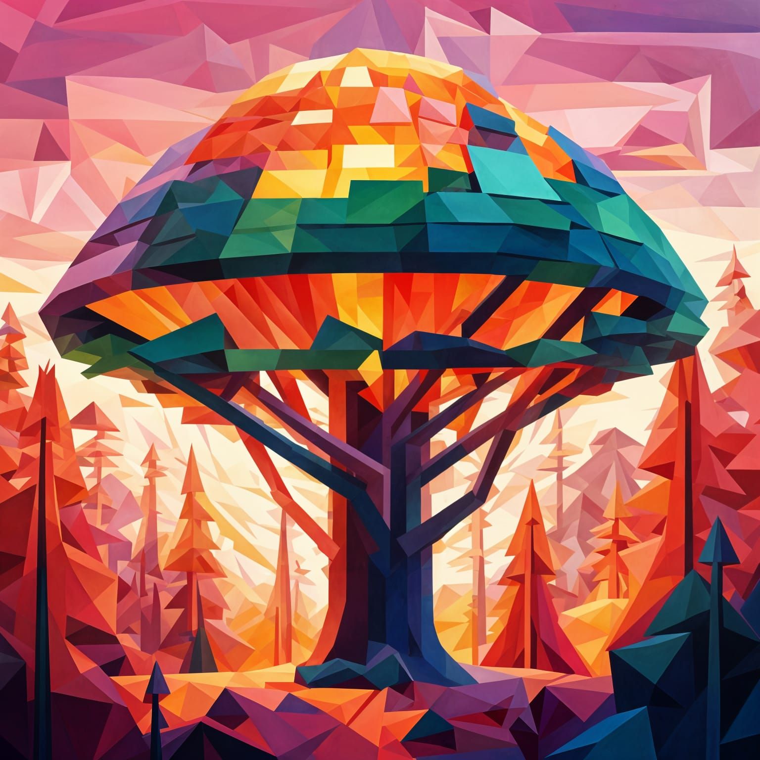 Sunset Forest Through Cubist Lens: Geometric Fauvism