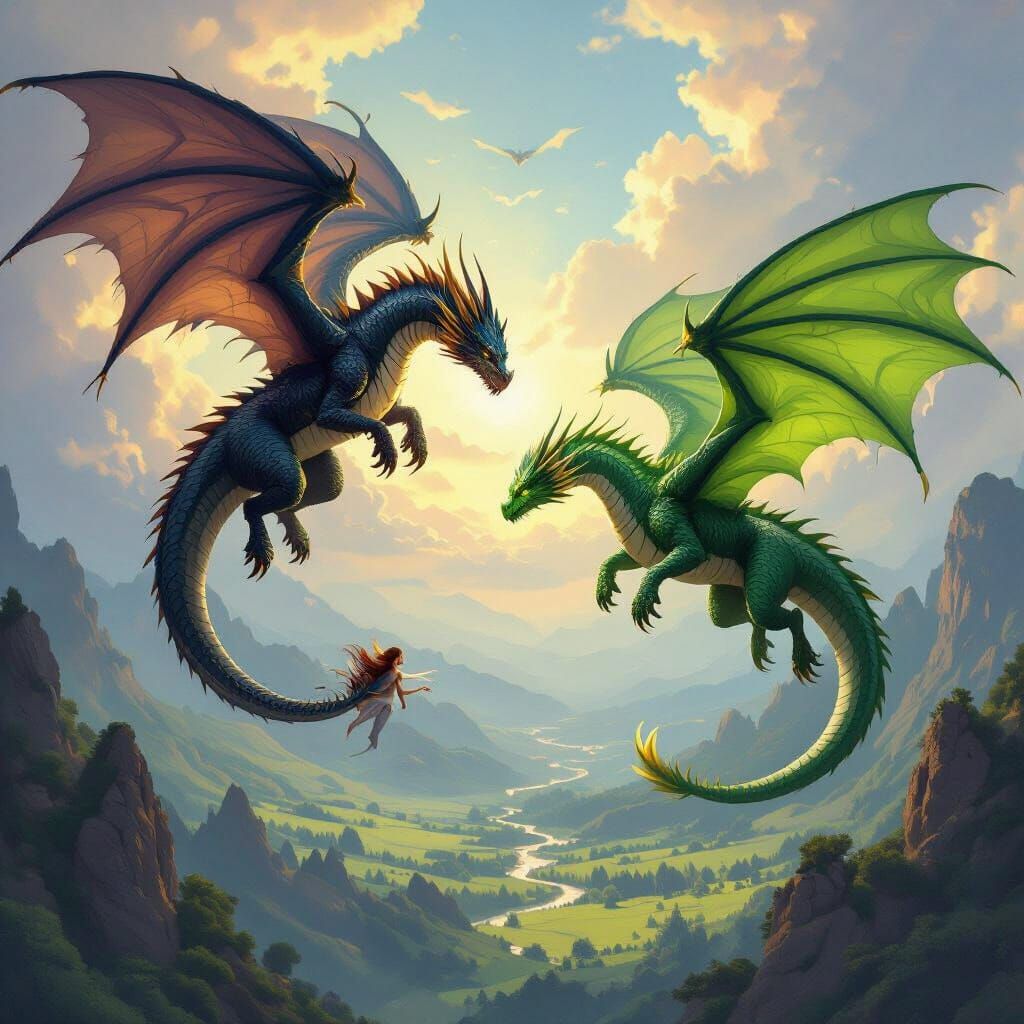 Two Dragons Battle in Sky Over Female, Fantasy Art
