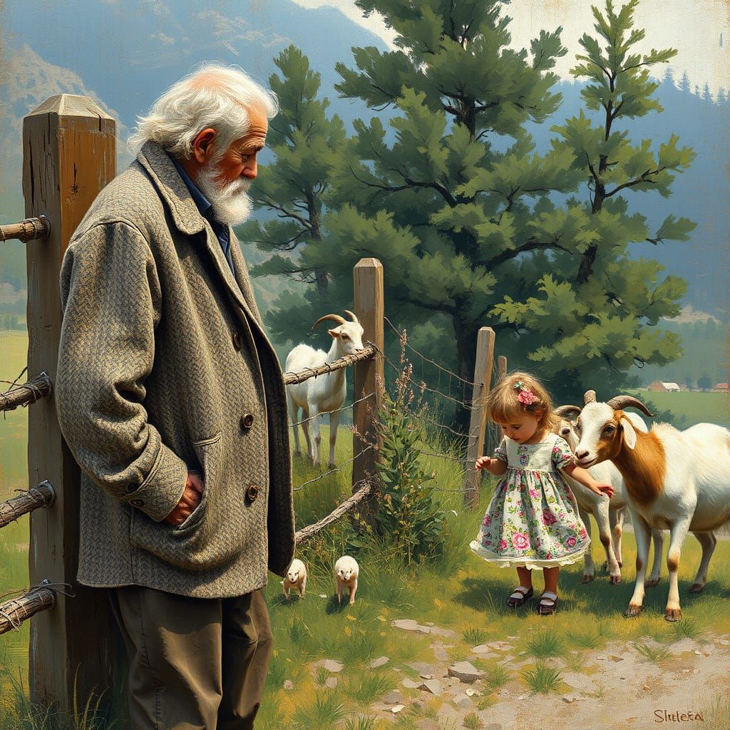 Impressionistic Scene: Grandfather and Granddaughter with Go...