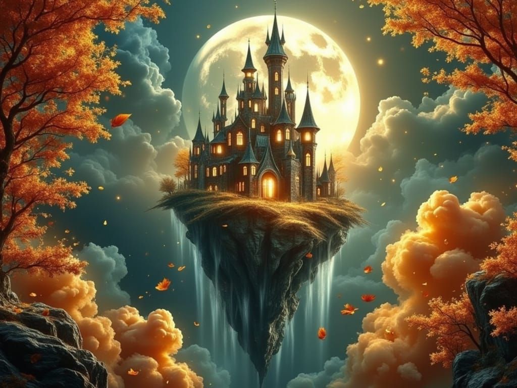 Whimsical Black Opal Castle in Autumn Sky