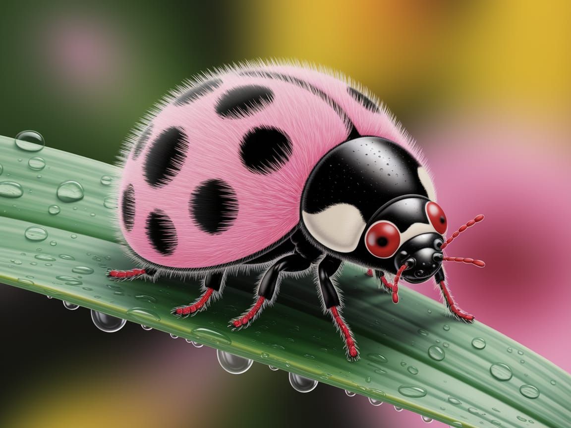 Fluffy Pink Ladybug on Leaf: Hyper-Realistic Illustration