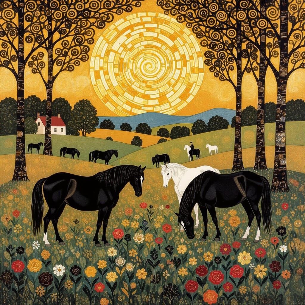 Klimt-Inspired Horses in Mystical Landscape