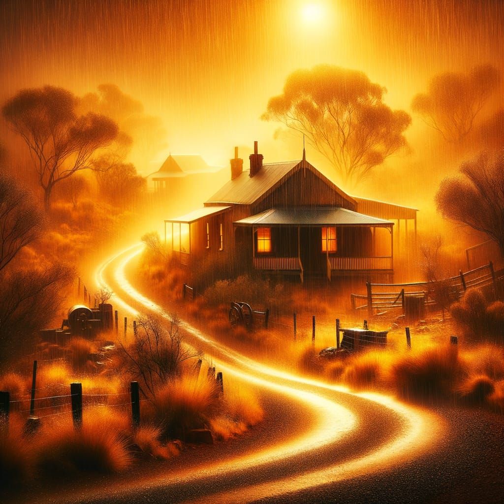 Australian Outback Village in Rain, Warm Tones