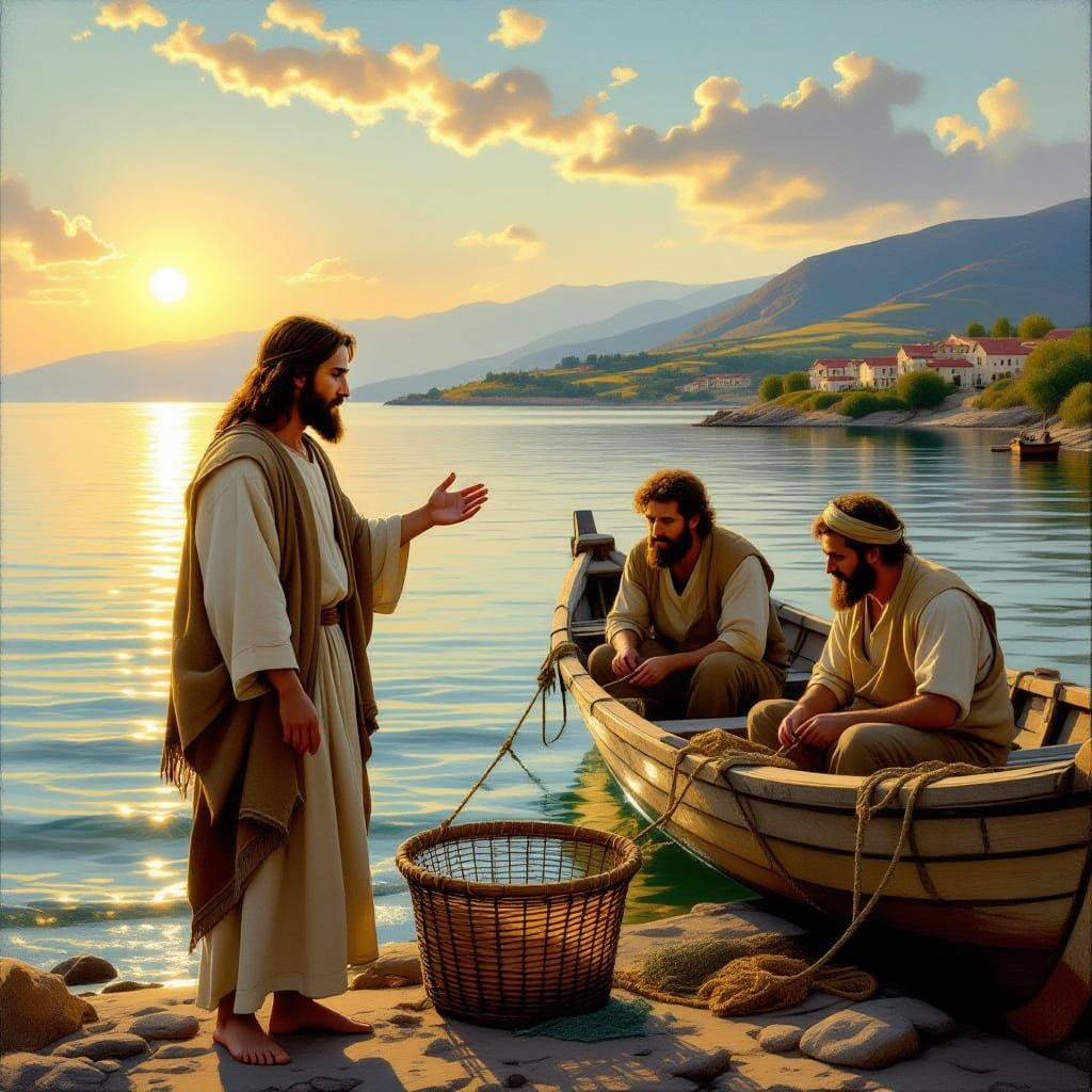 Jesus Calls Disciples at Sea of Galilee in Painterly Style